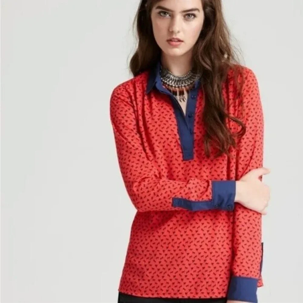 Free People Red & Blue Tiny Horse Print Oversize Top Blouse Size Small